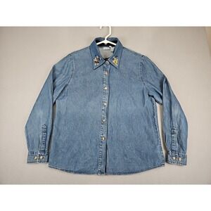VTG Cabin Creek Denim Button Down Shirt Large Petite Removable Halloween Collar